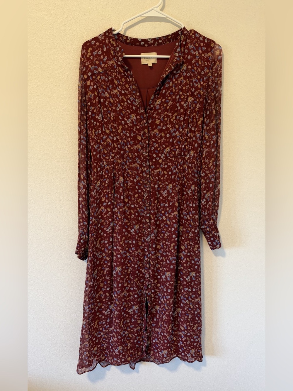 Sézane Maroon Floral Sheer Long Sleeve Button Down Maxi Dress Size 38
